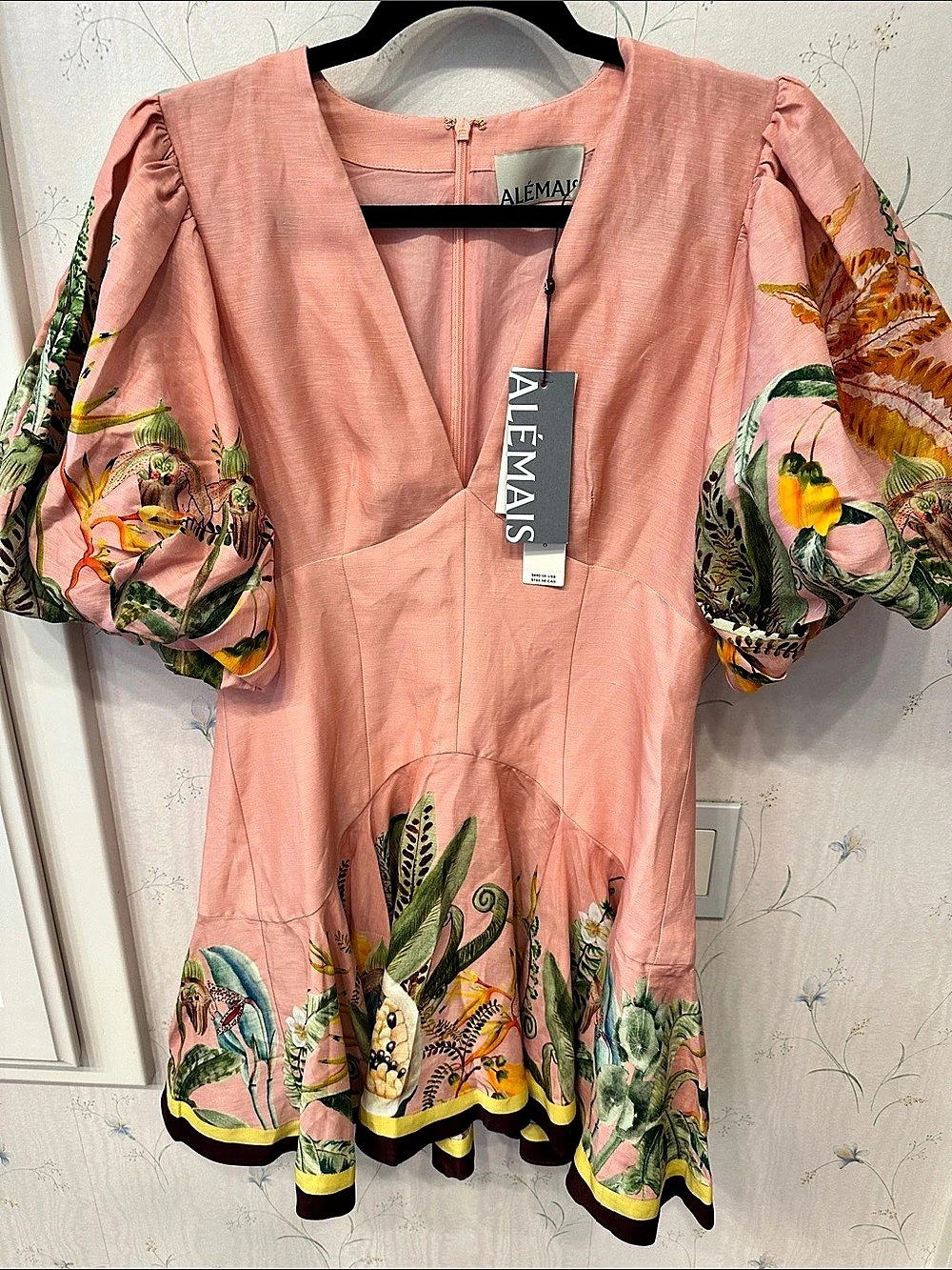 Alémais Anika Floral Linen Minidress Mini Dress in Pink & Green Size 8